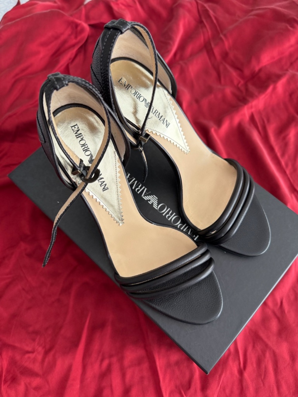 Emporio Armani Black Leather Ankle-Strap Heels